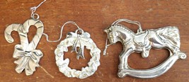 3 Christmas Tree Ornaments Silver Color Metal Rocking Horse Wreath Candy Canes  - £10.15 GBP