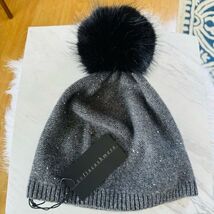 Sofia Cashmere Sequin 100% Cashmere Beanie with Faux Fur Pompom Gray/Bla... - $79.00