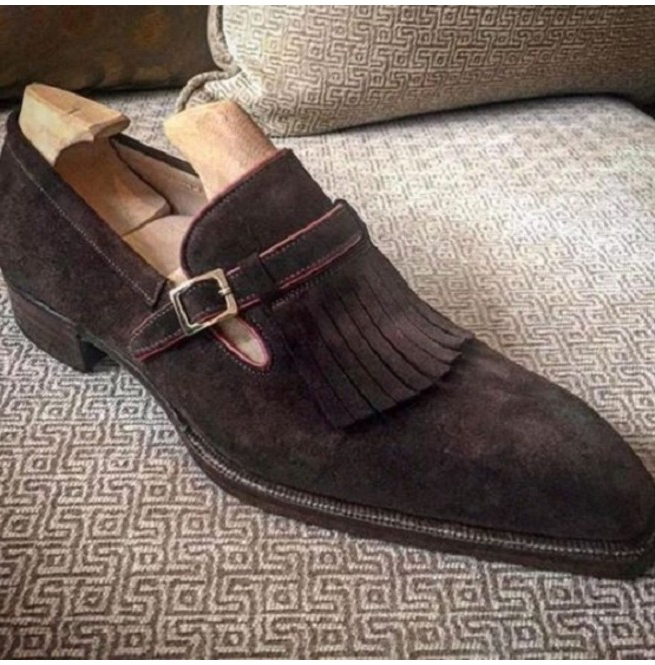 NEW Handmade Brown Fringe Monk Shoe, Men's Monk Strap Suede Casual Dress Formal