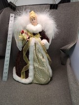 Christmas Angel Tree Topper White Wings Burgundy Cream 16&quot; Tall Holding Roses - $33.15