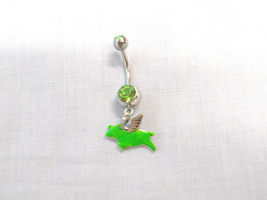 Flying Pig W Green Enamel Body &amp; Silver Wings Charm 14g Lime Green Cz Belly Ring - £5.62 GBP