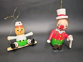 Vintage Handcrafted Set of 2 Clowns Wooden Christmas Hanging Ornaments - $479.60 MXN
