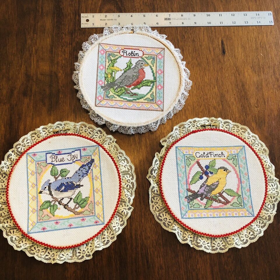 Finished Cross Stitch Gold Finch Robin Blue Jay Birds Complete Round Wood 7.25" - $23.09