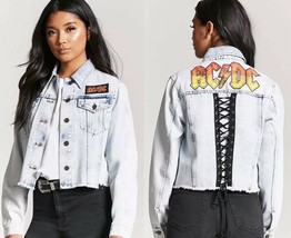 ACDC graphic acid wash denim jean crop jacket women size MEDIUM ac/dc blazer top - £37.00 GBP