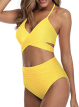 Aqua Eve Women Halter Bikini High Waisted Swimsuit Two Piece Strappy Yellow S... - £10.92 GBP