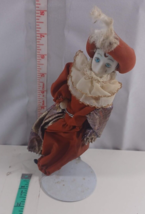 CLOWN JESTER Doll 8&quot;  Metallic Costume Porcelain Face/Hands  Vintage with stand - £11.76 GBP