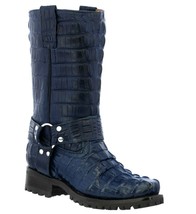 Mens Motorcycle Western Leather Boots Crocodile Print Denim Blue Biker Harness - £152.23 GBP