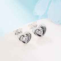 925 Sterling Silver Radiant Heart &amp; Floating Stone Stud Earrings  - £11.79 GBP