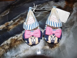 DISNEY STORE Minnie Mouse Striped Bow Slip-on Shoes W/Strap Size 6-12 Mo... - $19.00