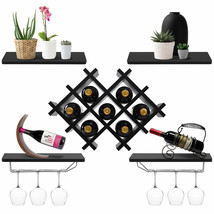 Costway Set of 5 Wall Mount Wine Rack Set w/Storage Shelves &amp; Glass Holder Black - £79.74 GBP