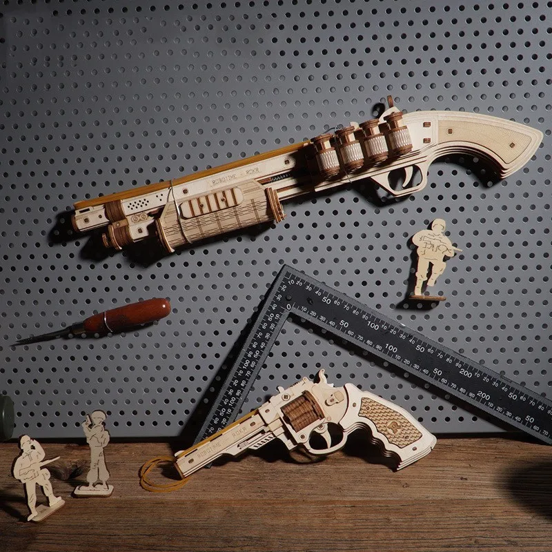 3D Diy Diorama Montessori Wooden Toys Mini   Guns Weapon Rubber Band Assembling - £19.92 GBP+