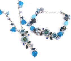 Tiny Heart Flower Dangle Necklace Bracelet Blue Rhinestone Silver Set Butterfly - £15.81 GBP
