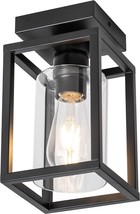 Flush Mount Ceiling Light Fixture with Clear Glass Shade Farmhouse Black Metal F - £62.98 GBP