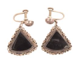 1930s Screw Back Earrings Black Onyx and Sterling Crown 925 Mexico Mark - $28.04