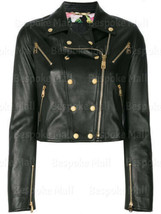 New Woman Black Brando Golden Button Up Zipper Cowhide Biker Leather Jac... - £156.90 GBP