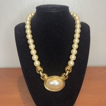 Vintage Napier Faux Pearl Gold Tone Pendant Necklace Choker Jewelry 18” - £11.00 GBP