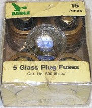 5 Pack Eagle 15 Amp Glass Plug Fuses 690-15  Buss W15 Equivalent - $7.99