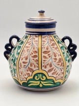Vintage Tonala Ginger Jar with Lid Blue Ribbon Handles Mexican Pottery 8.5&quot; H - £27.91 GBP