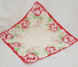 Vintage Handkerchief Red Tulips Flowers 12&quot;  Leaves White Daisies - $14.99