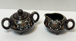 Rare VTG Redware Tea Service Hand Painted Sugar Bowl with Lid and Creamer Japan - £25.83 GBP