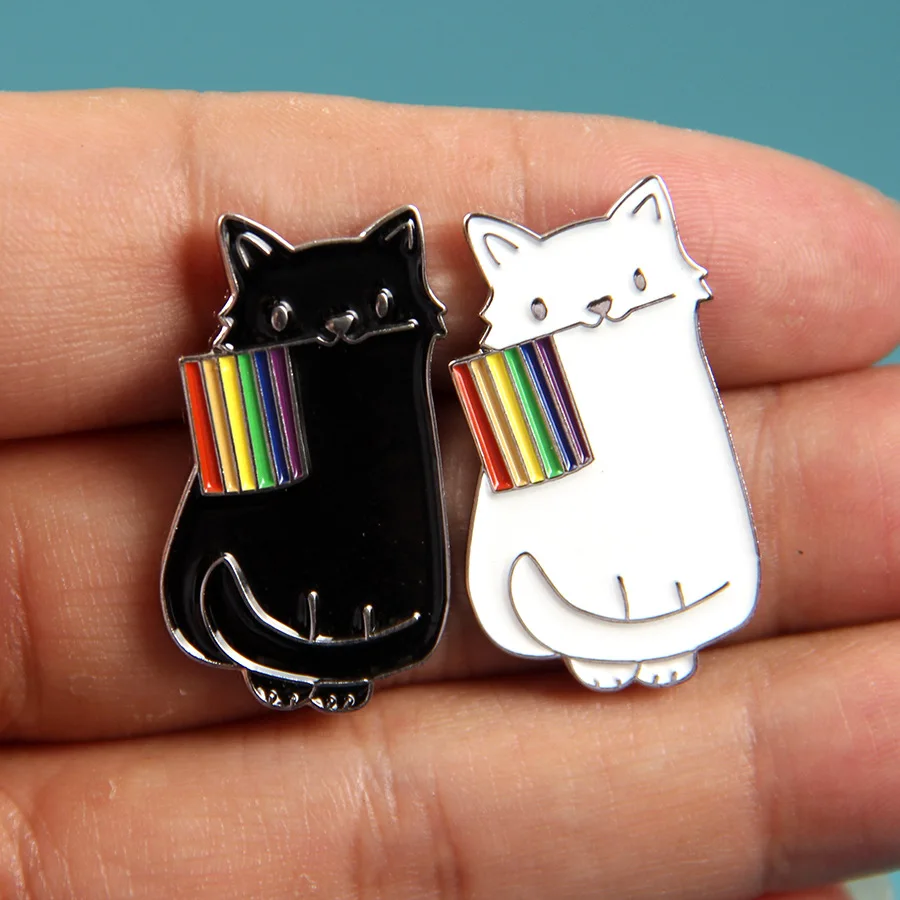 LGBT Gay Pride Rainbow Flag Cat Hard Enamel Pin Cute Cartoon White Cat Backpack - £6.29 GBP+