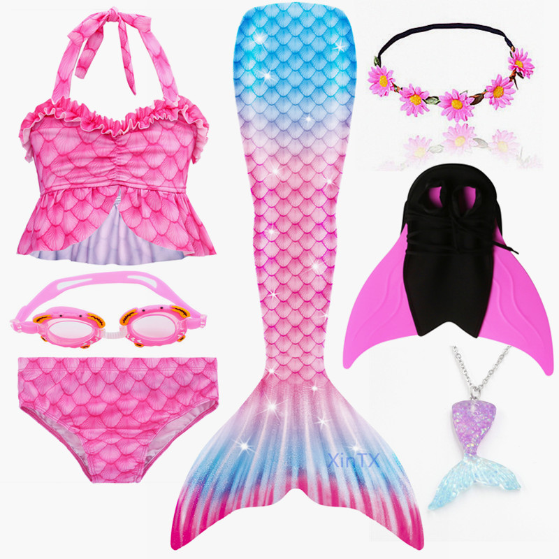 7PCS/Set Kids Pink Girls Mermaid Tail Holiday Costume Bathing With Fin Suit