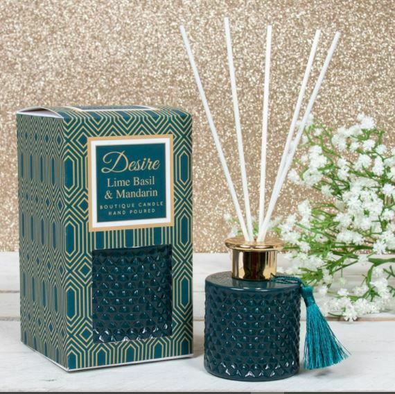 Desire lime Basil &amp;Mandarin Boutique Reed Diffuser green Glass Jar Tasse... - $16.35