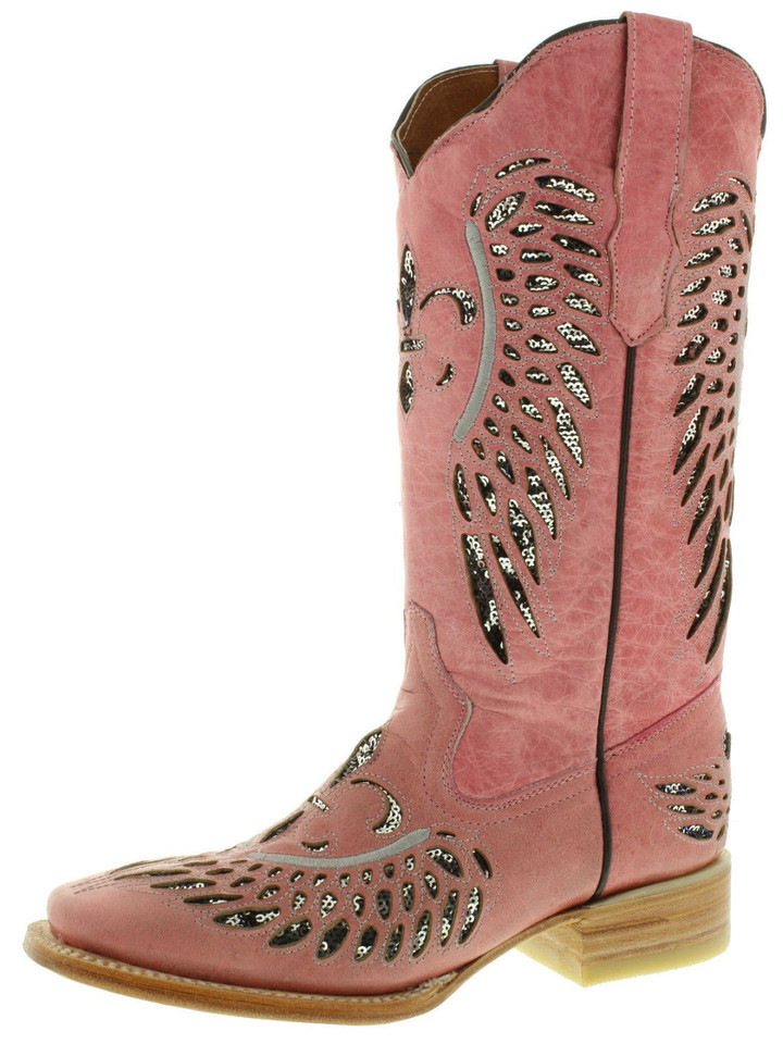Womens Western Boots Pink Leather Silver Sequins Fleur-De-Lis Wings Size... - $76.82