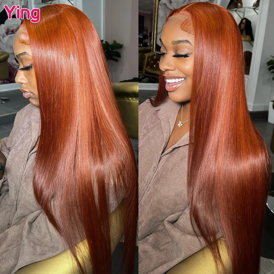 Ying Bone Straight Ginger Orange Brown 13x6 Lace Frontal Wig Remy Hair 13x4 La - £80.57 GBP+