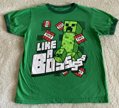 Mojang Minecraft Boys Creeper TNT Like A Boss Green Short Sleeve Ringer Shirt 8 - £9.79 GBP