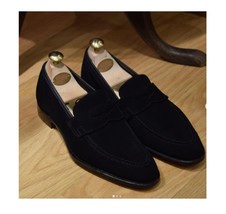 Handmade men black loafer suede shoes leather dress shoes moccasin slip ... - $125.00