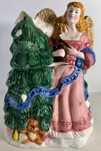 Hand Painted Christmas Tree w/ Angel Ceramic Cookie Jar Canister Centerpiece - £35.03 GBP