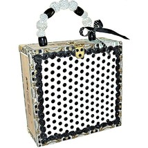 Jet Crystal Rhinestone Black White Polka Dot Wood Cigar Box Purse Beaded Handle - £43.45 GBP