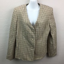 Karen Scott Women&#39;s Beige Plaid Tweed Suit Jacket Padded Shoulder Button... - £27.45 GBP