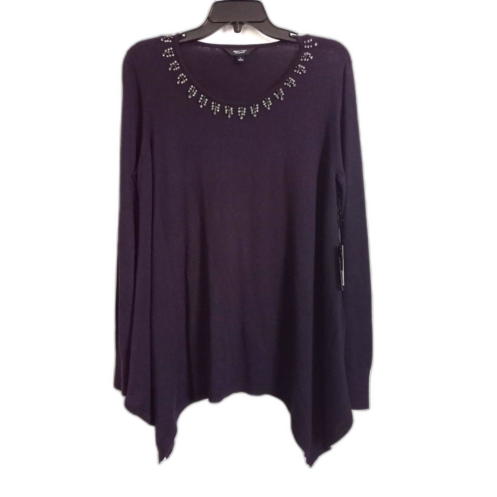 Vera Wang NWT Beaded Sweater Purple Black Pullover Tunic Crystal Long Sl... - $42.75