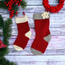 2 Hand Crochet Christmas Stocking Red White Gray Sparkle Poinsettia - £17.93 GBP