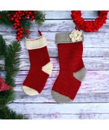 2 Hand Crochet Christmas Stocking Red White Gray Sparkle Poinsettia - £17.83 GBP