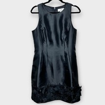 BELLE BADGLEY MISCHKA black short cocktail dress w/floral appliqué hem s... - $66.76