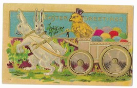 Vintage c1910s Embossed Easter Postcard Chicken Driving Cart Bunnies Pulling - £15.77 GBP