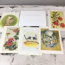 Vintage Note Cards Floral Birds Lot Of 5 All Different Mouthpainted Art - £7.75 GBP