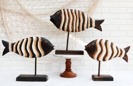 Balinese Wood Handicrafts Large Swimming River Fish Family Set of 3 Figu... - $59.99
