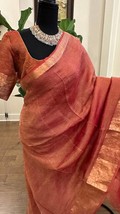 Copper peach Banarasi Tissue Crush Soft Silk Saree, Tissue Silk Saree, thin Zari - £81.53 GBP
