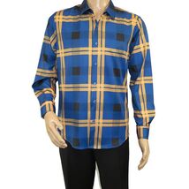 Men's Sports Shirt By Moderno Plaid Fancy Silky Long Sleeves MJLS-810 Navy Blue image 2