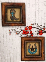 Set of 2 Western Turquoise Gems Cowboy Boot Horseshoe Wooden Wall Pictur... - $45.99