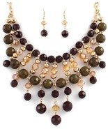 Stunning golden brown crystal beaded bib fashion statement necklace earring set - $18.81