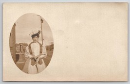 RPPC Lovely Victorian Woman Large Hat Fur Stole Oval Masked Photo Postca... - $9.95