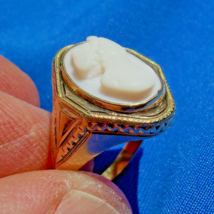 Antique Victorian Deco Ring Solid Gold Intaglio Portrait Coral Cameo Size 6.5 - $2,180.25