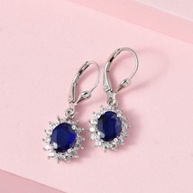 Oval Blue Sapphire Dangle earring in silver, September Birthstone Dangle Earring - £114.12 GBP
