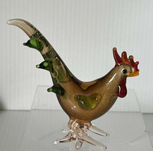 Brown Glass Chicken Rooster Figurine Red Cock Wattle Green Tail Feathers - $9.85