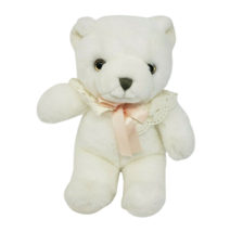 9&quot; Vintage Avon White Baby Teddy Bear Pink Ribbon Lace Bow Stuffed Animal Plush - £21.66 GBP